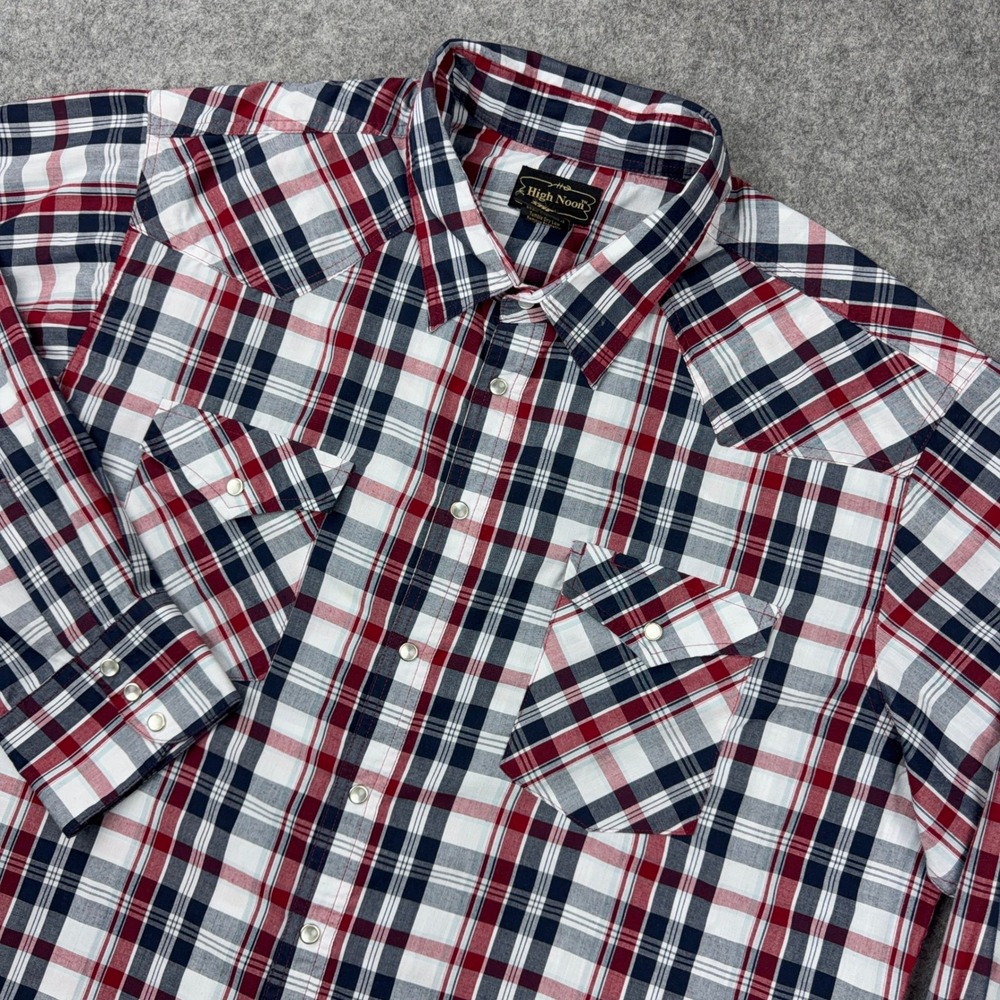 VTG High Noon Shirt Mens 2XL Red Blue Plaid Western Pearl Snap Long Sleeve